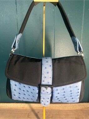 Celencee Genuine Ostrich Leather Nylon Shoulder Bag Blue Black JRA